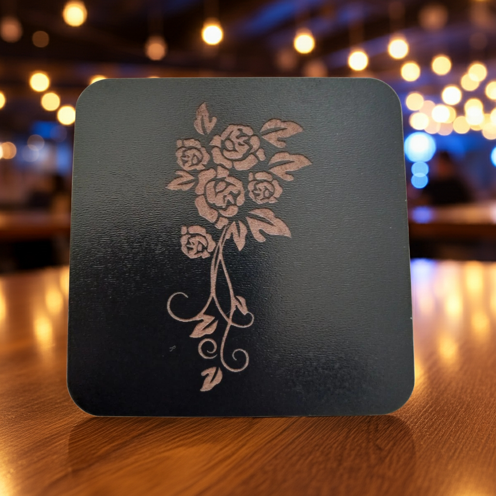 Set of 5 Square Black Flowers Collection, Wood Drink Coasters. Stylish. Bumper Feet. 9.5cm. With Rounded Corners.