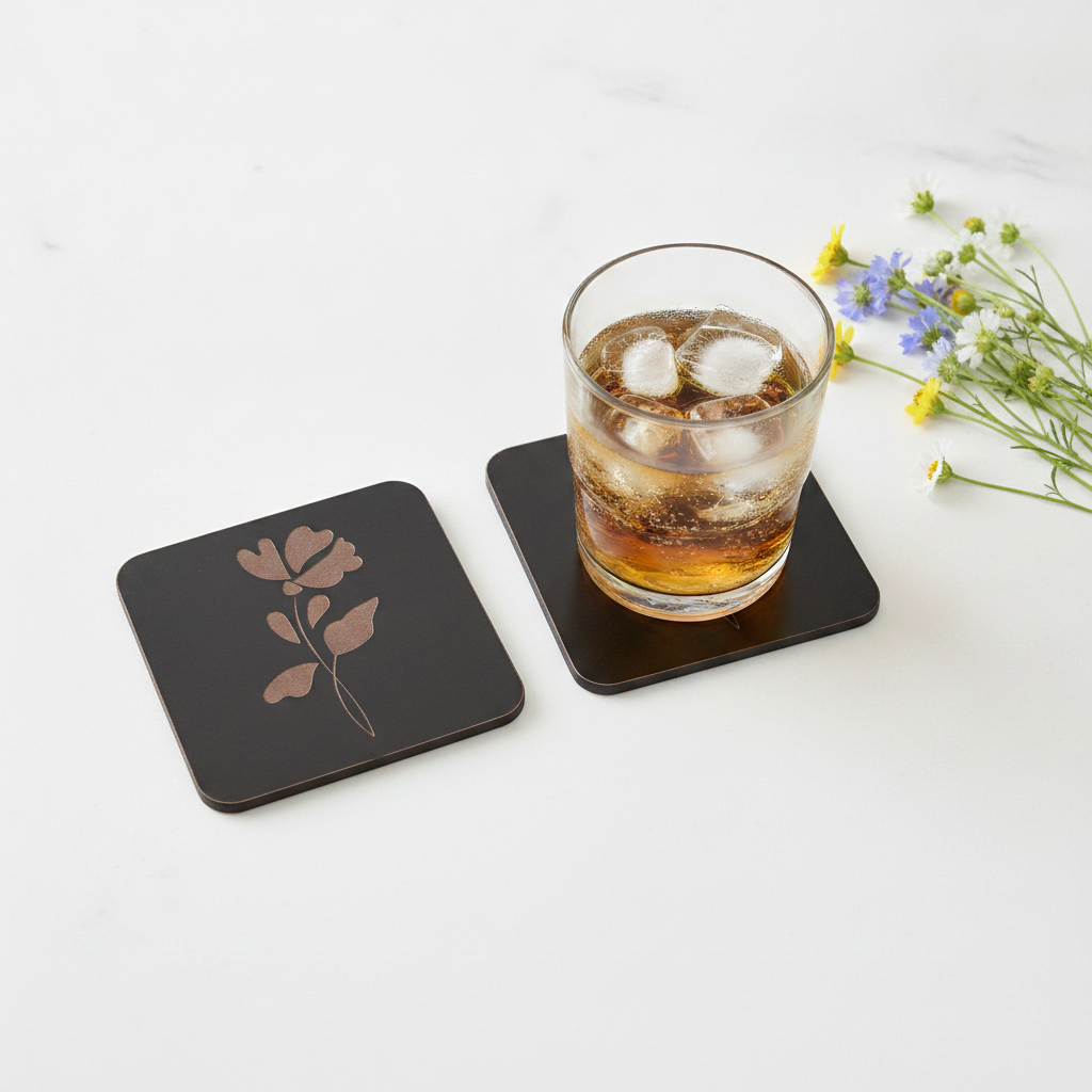 Set of 5 Square Black Flowers Collection, Wood Drink Coasters. Stylish. Bumper Feet. 9.5cm. With Rounded Corners.