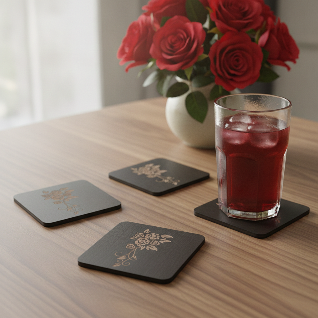 Set of 5 Square Black Flowers Collection, Wood Drink Coasters. Stylish. Bumper Feet. 9.5cm. With Rounded Corners.