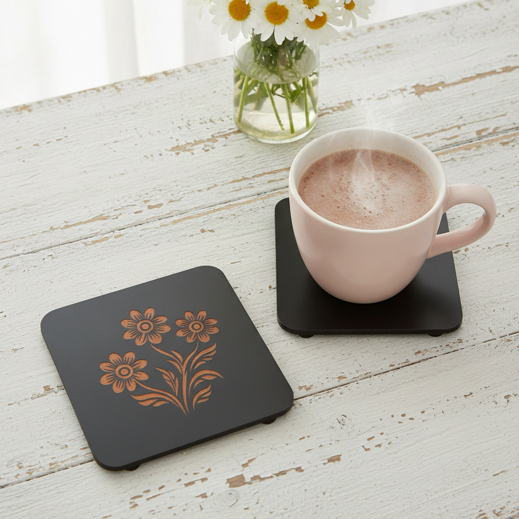 Set of 5 Square Black Flowers Collection, Wood Drink Coasters. Stylish. Bumper Feet. 9.5cm. With Rounded Corners.