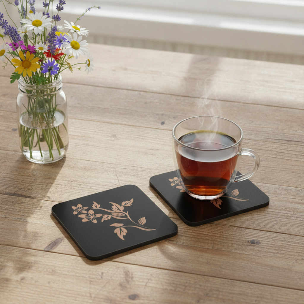 Set of 5 Square Black Flowers Collection, Wood Drink Coasters. Stylish. Bumper Feet. 9.5cm. With Rounded Corners.
