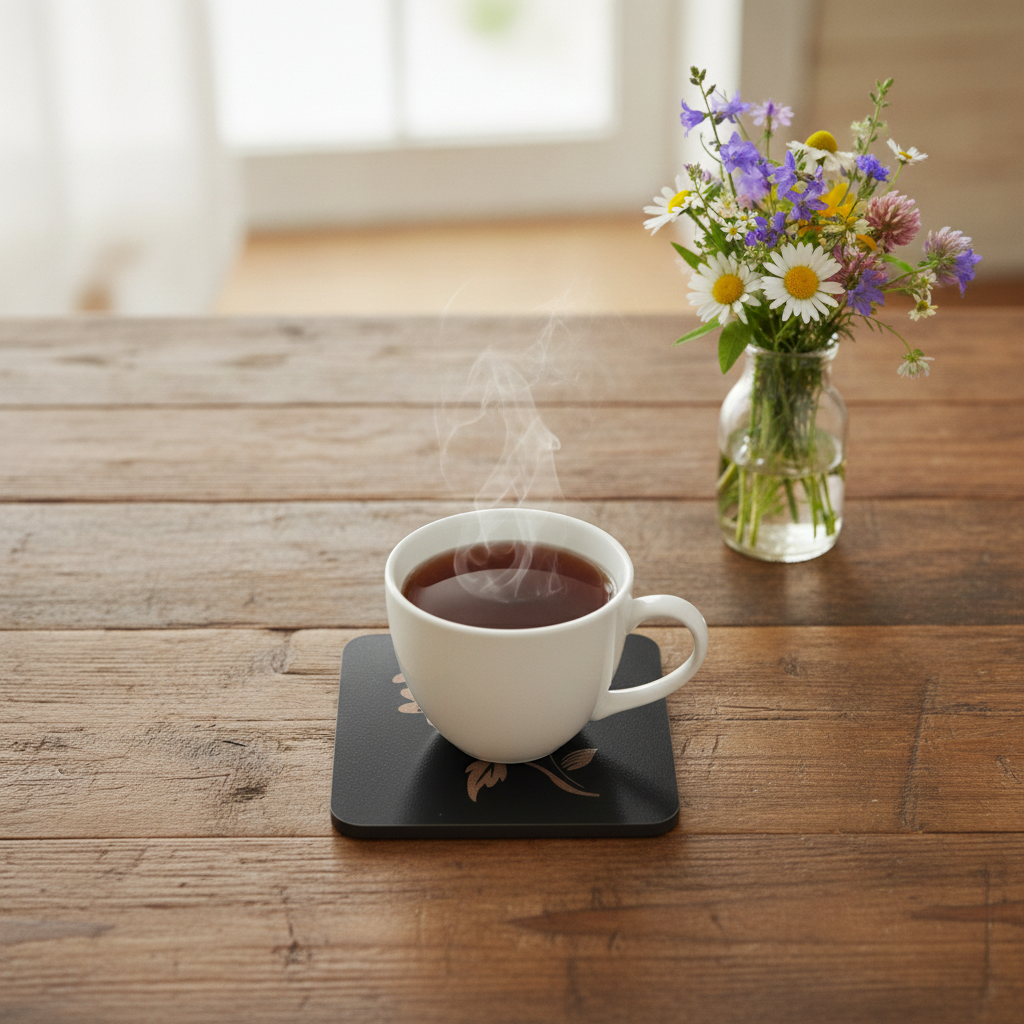 Set of 5 Square Black Flowers Collection, Wood Drink Coasters. Stylish. Bumper Feet. 9.5cm. With Rounded Corners.