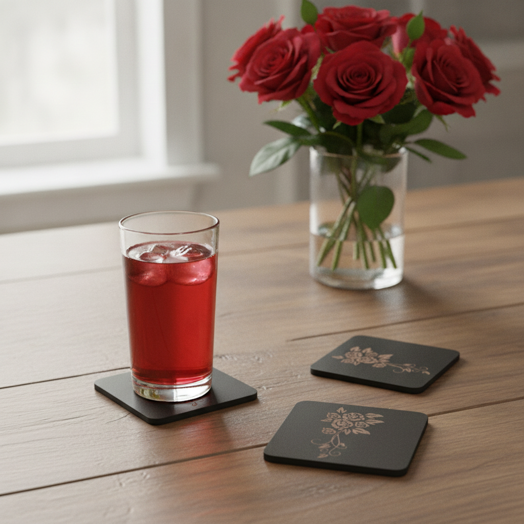 Set of 5 Square Black Flowers Collection, Wood Drink Coasters. Stylish. Bumper Feet. 9.5cm. With Rounded Corners.