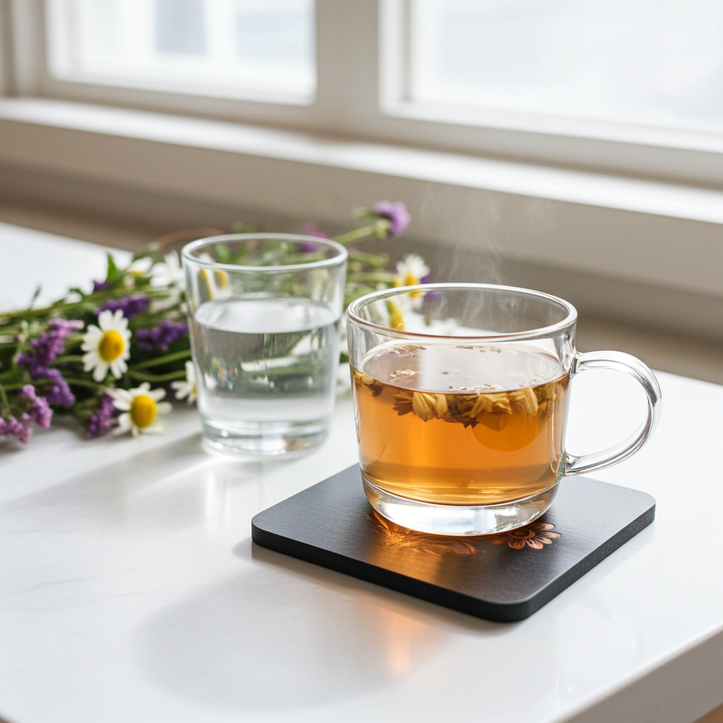 Set of 5 Square Black Flowers Collection, Wood Drink Coasters. Stylish. Bumper Feet. 9.5cm. With Rounded Corners.