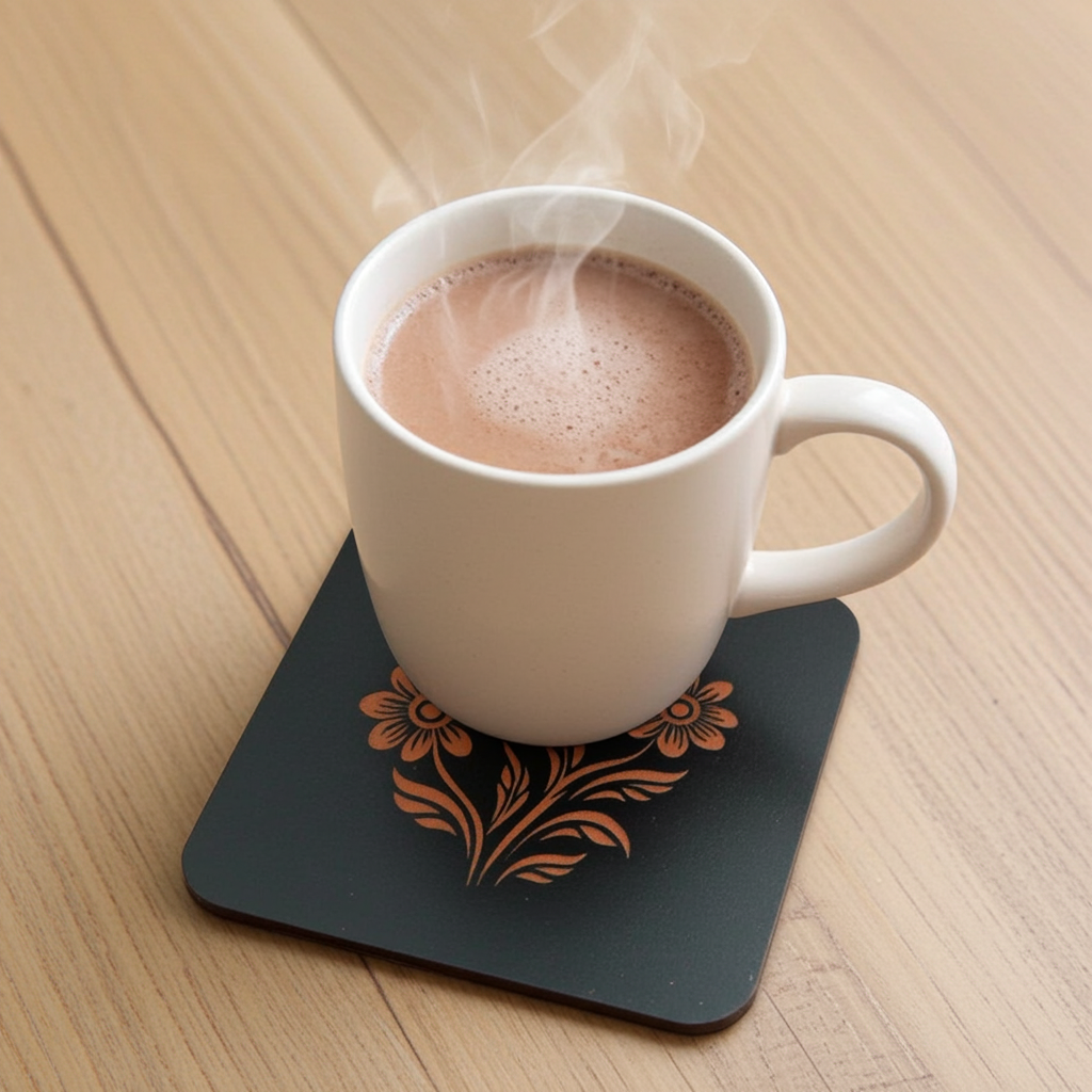 Set of 5 Square Black Flowers Collection, Wood Drink Coasters. Stylish. Bumper Feet. 9.5cm. With Rounded Corners.