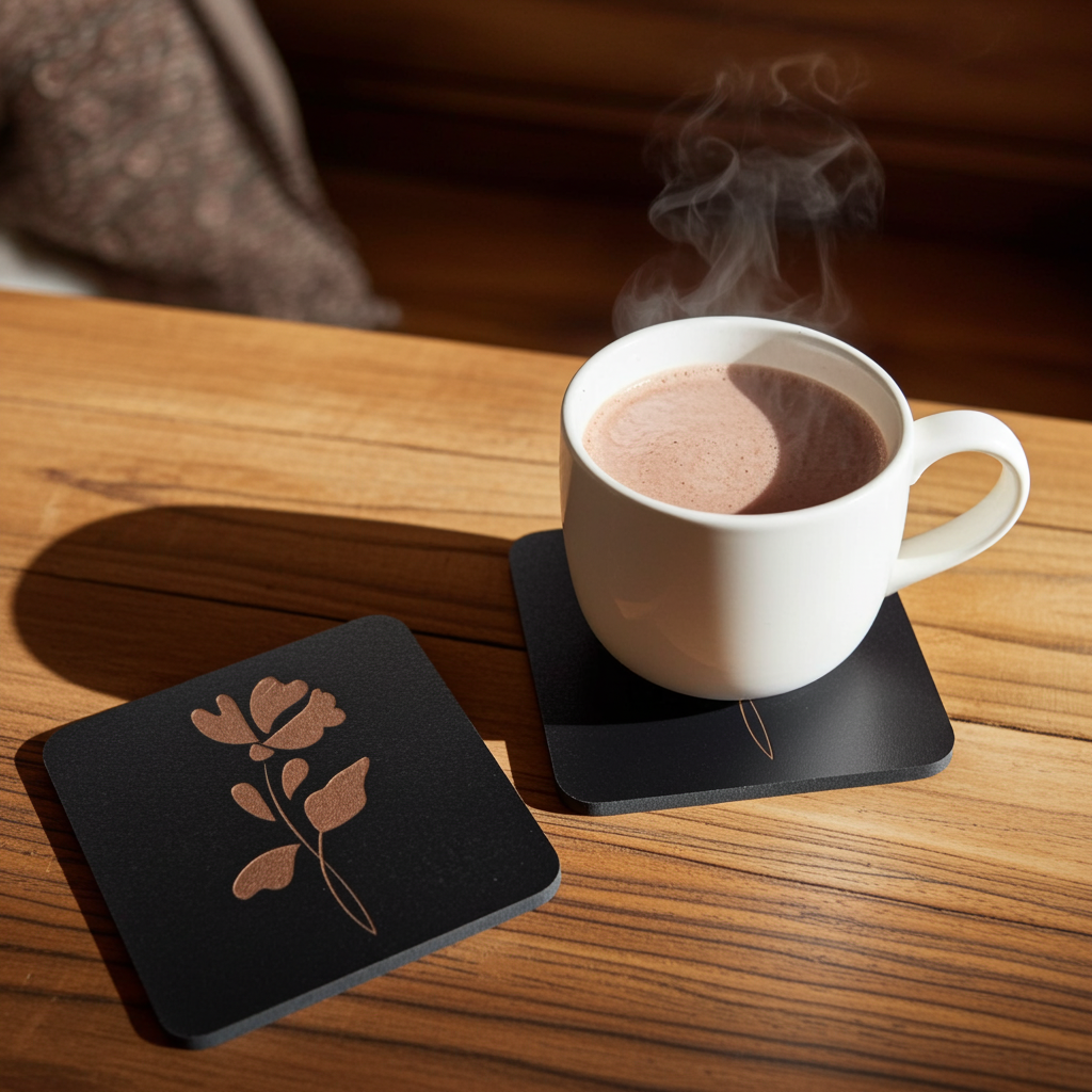 Set of 5 Square Black Flowers Collection, Wood Drink Coasters. Stylish. Bumper Feet. 9.5cm. With Rounded Corners.