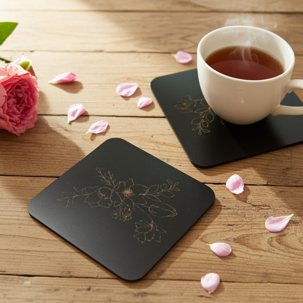 Set of 5 Square Black Flowers Collection, Wood Drink Coasters. Stylish. Bumper Feet. 9.5cm. With Rounded Corners.