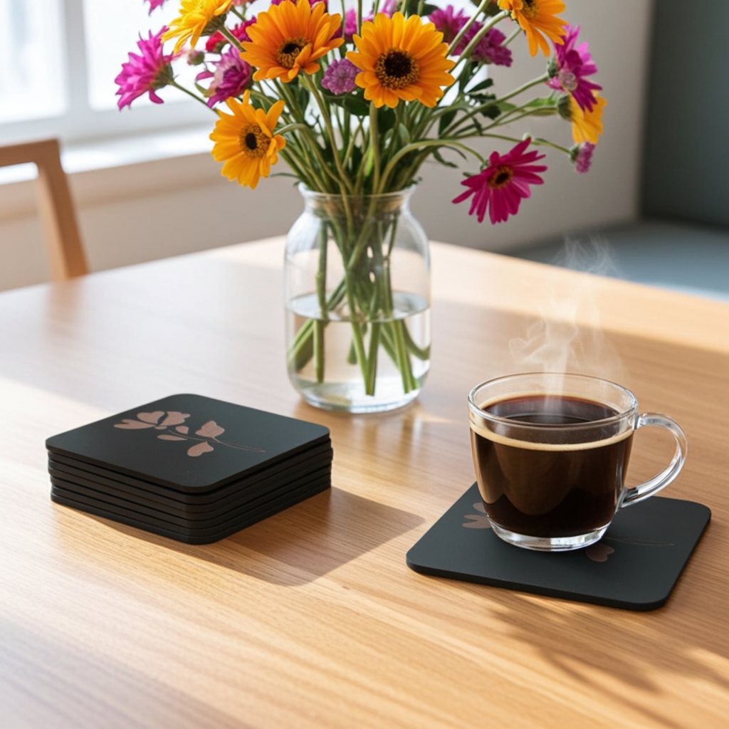 Set of 5 Square Black Flowers Collection, Wood Drink Coasters. Stylish. Bumper Feet. 9.5cm. With Rounded Corners.