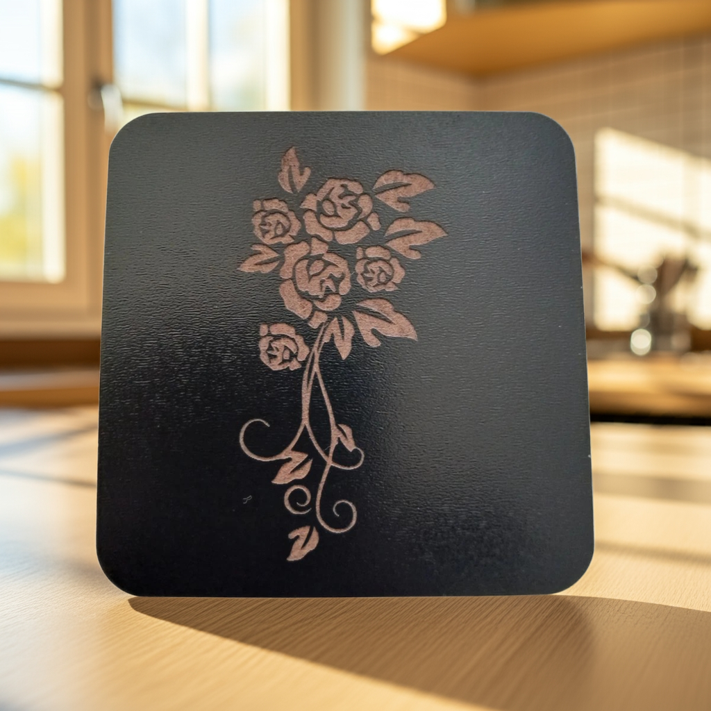 Set of 5 Square Black Flowers Collection, Wood Drink Coasters. Stylish. Bumper Feet. 9.5cm. With Rounded Corners.