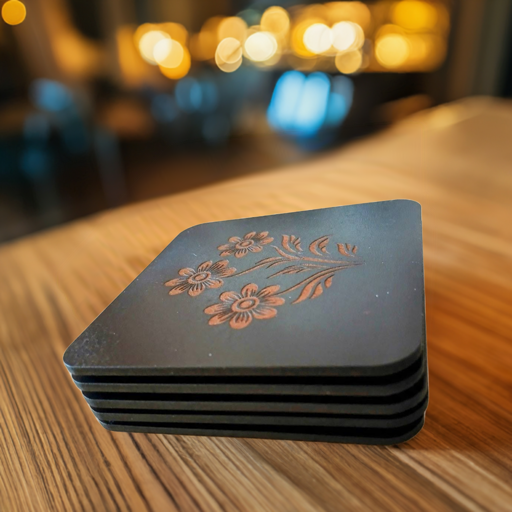 Set of 5 Square Black Flowers Collection, Wood Drink Coasters. Stylish. Bumper Feet. 9.5cm. With Rounded Corners.