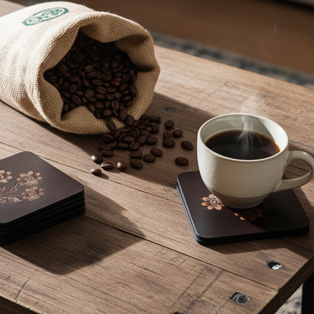 Set of 5 Square Black Flowers Collection, Wood Drink Coasters. Stylish. Bumper Feet. 9.5cm. With Rounded Corners.