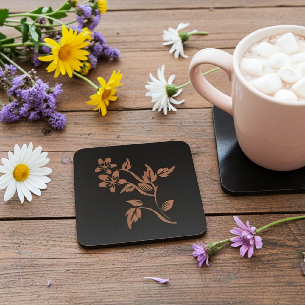 Set of 5 Square Black Flowers Collection, Wood Drink Coasters. Stylish. Bumper Feet. 9.5cm. With Rounded Corners.
