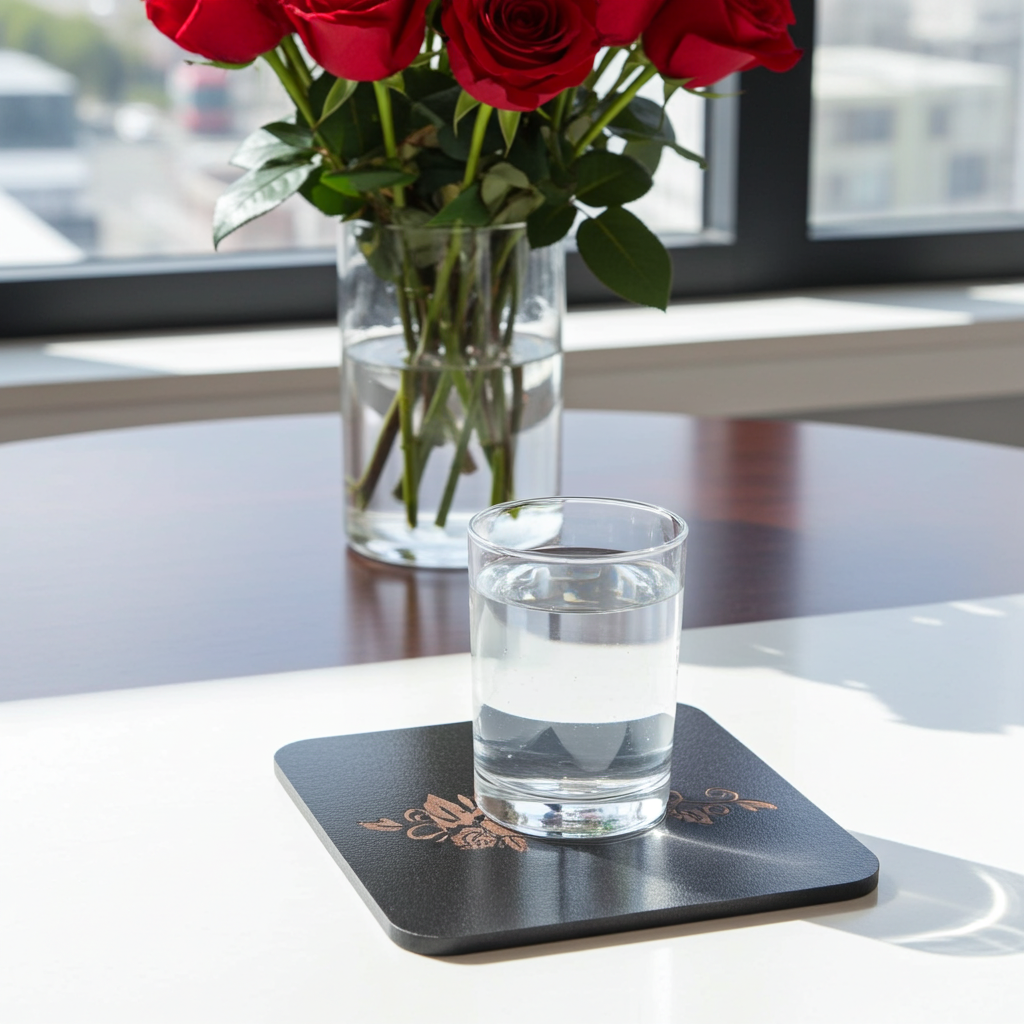 Set of 5 Square Black Flowers Collection, Wood Drink Coasters. Stylish. Bumper Feet. 9.5cm. With Rounded Corners.