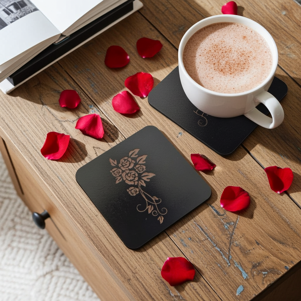 Set of 5 Square Black Flowers Collection, Wood Drink Coasters. Stylish. Bumper Feet. 9.5cm. With Rounded Corners.
