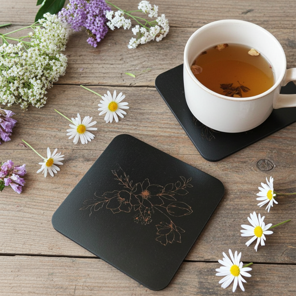 Set of 5 Square Black Flowers Collection, Wood Drink Coasters. Stylish. Bumper Feet. 9.5cm. With Rounded Corners.