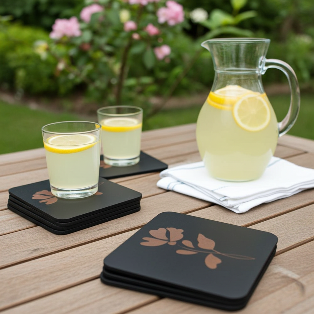 Set of 5 Square Black Flowers Collection, Wood Drink Coasters. Stylish. Bumper Feet. 9.5cm. With Rounded Corners.