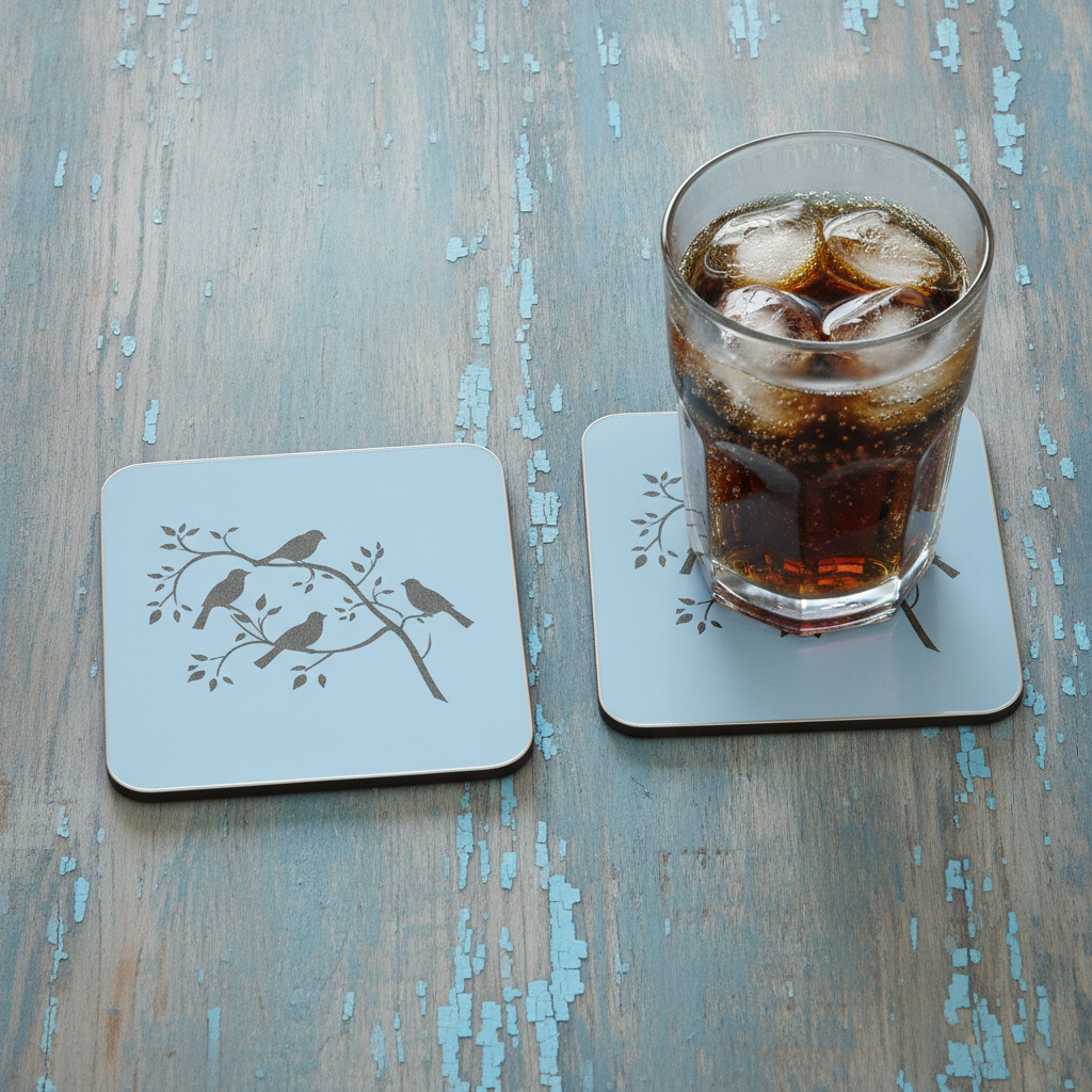 Set of 5, Exquisite White Topped Wood Drink Coasters, "Birds in Branches" Collection. 9.5cm Square with bumper feet.