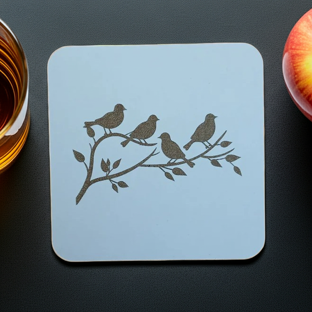 Set of 5, Exquisite White Topped Wood Drink Coasters, "Birds in Branches" Collection. 9.5cm Square with bumper feet.