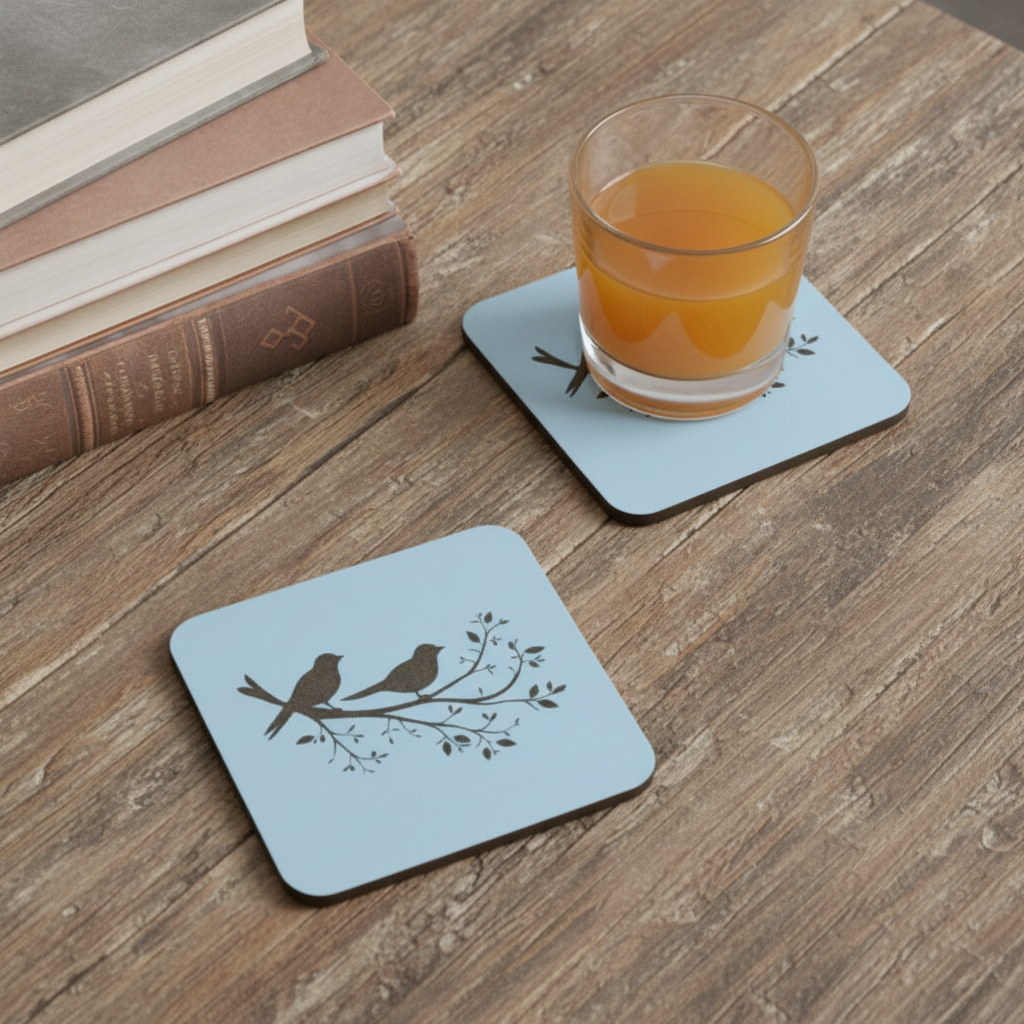 Set of 5, Exquisite White Topped Wood Drink Coasters, "Birds in Branches" Collection. 9.5cm Square with bumper feet.