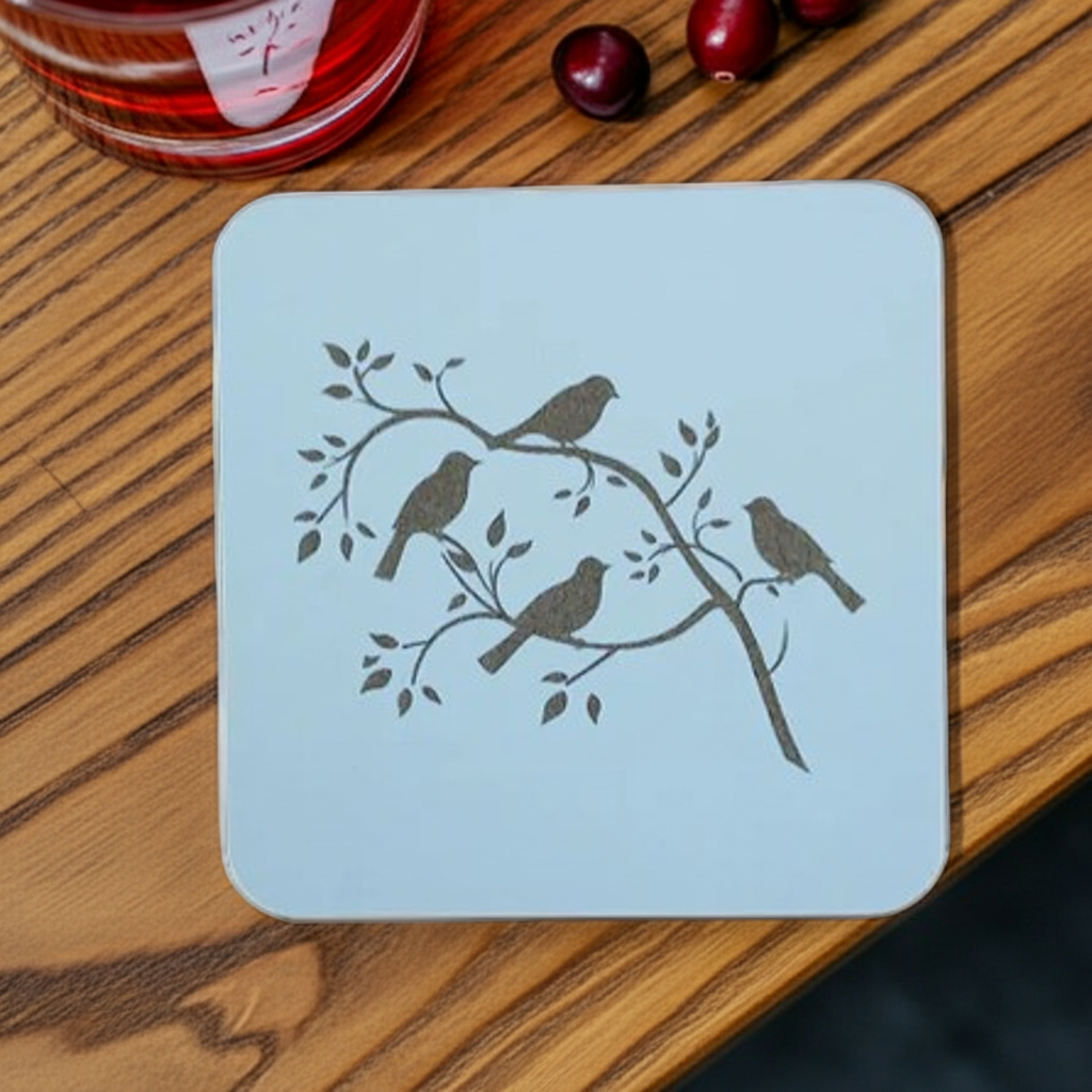 Set of 5, Exquisite White Topped Wood Drink Coasters, "Birds in Branches" Collection. 9.5cm Square with bumper feet.