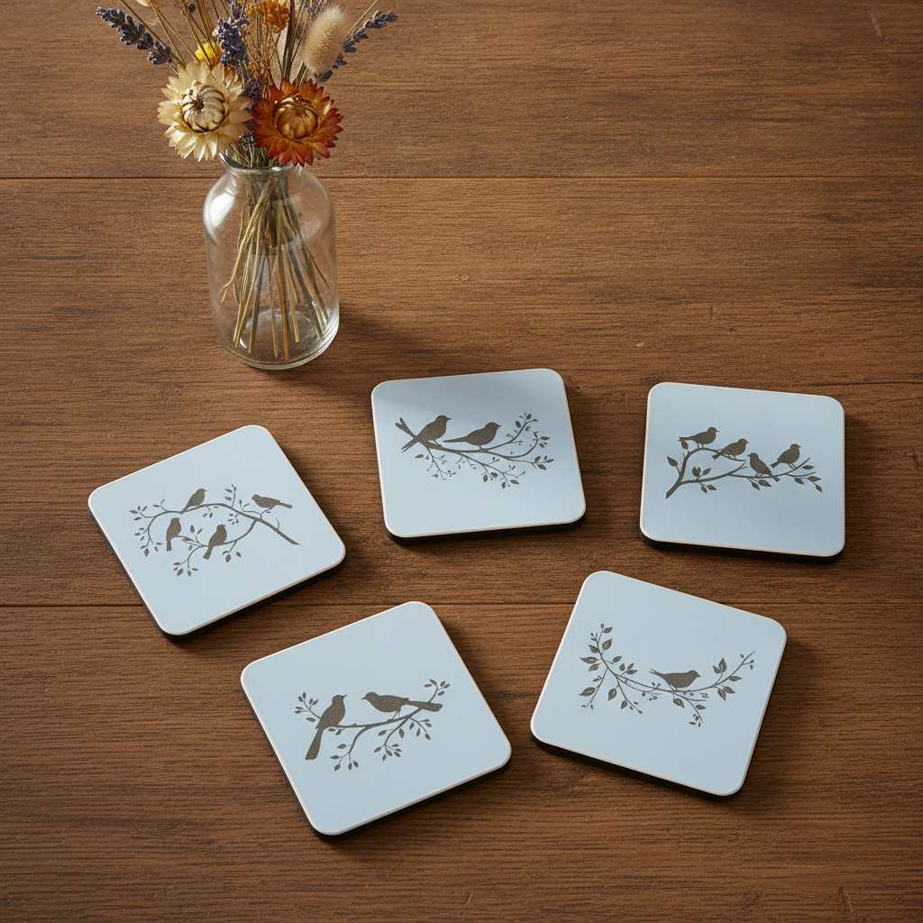 Set of 5, Exquisite White Topped Wood Drink Coasters, "Birds in Branches" Collection. 9.5cm Square with bumper feet.