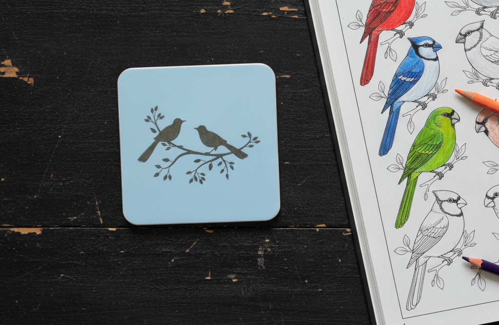 Set of 5, Exquisite White Topped Wood Drink Coasters, "Birds in Branches" Collection. 9.5cm Square with bumper feet.