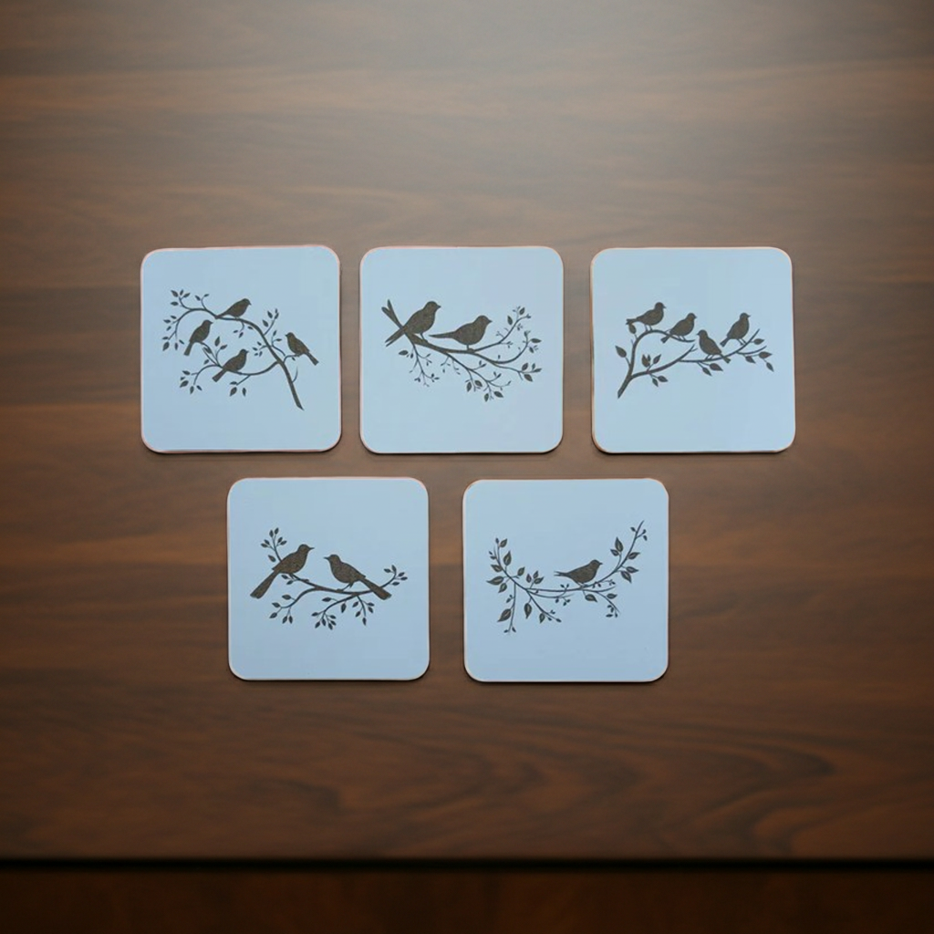 Set of 5, Exquisite White Topped Wood Drink Coasters, "Birds in Branches" Collection. 9.5cm Square with bumper feet.