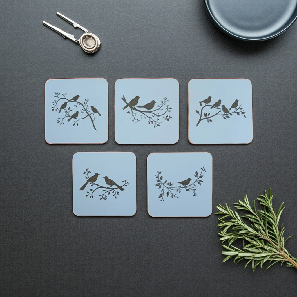 Set of 5, Exquisite White Topped Wood Drink Coasters, "Birds in Branches" Collection. 9.5cm Square with bumper feet.