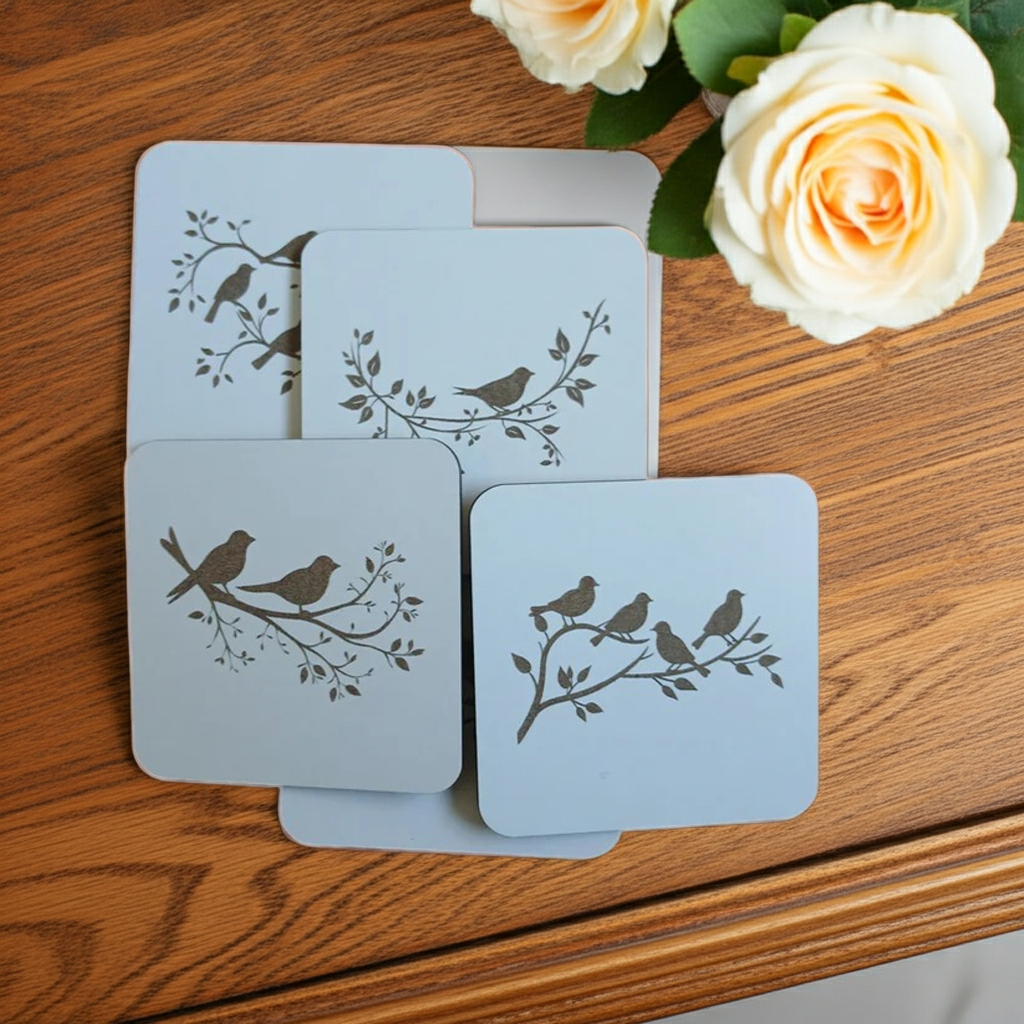 Set of 5, Exquisite White Topped Wood Drink Coasters, "Birds in Branches" Collection. 9.5cm Square with bumper feet.