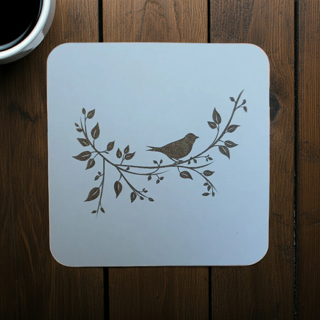 Set of 5, Exquisite White Topped Wood Drink Coasters, "Birds in Branches" Collection. 9.5cm Square with bumper feet.
