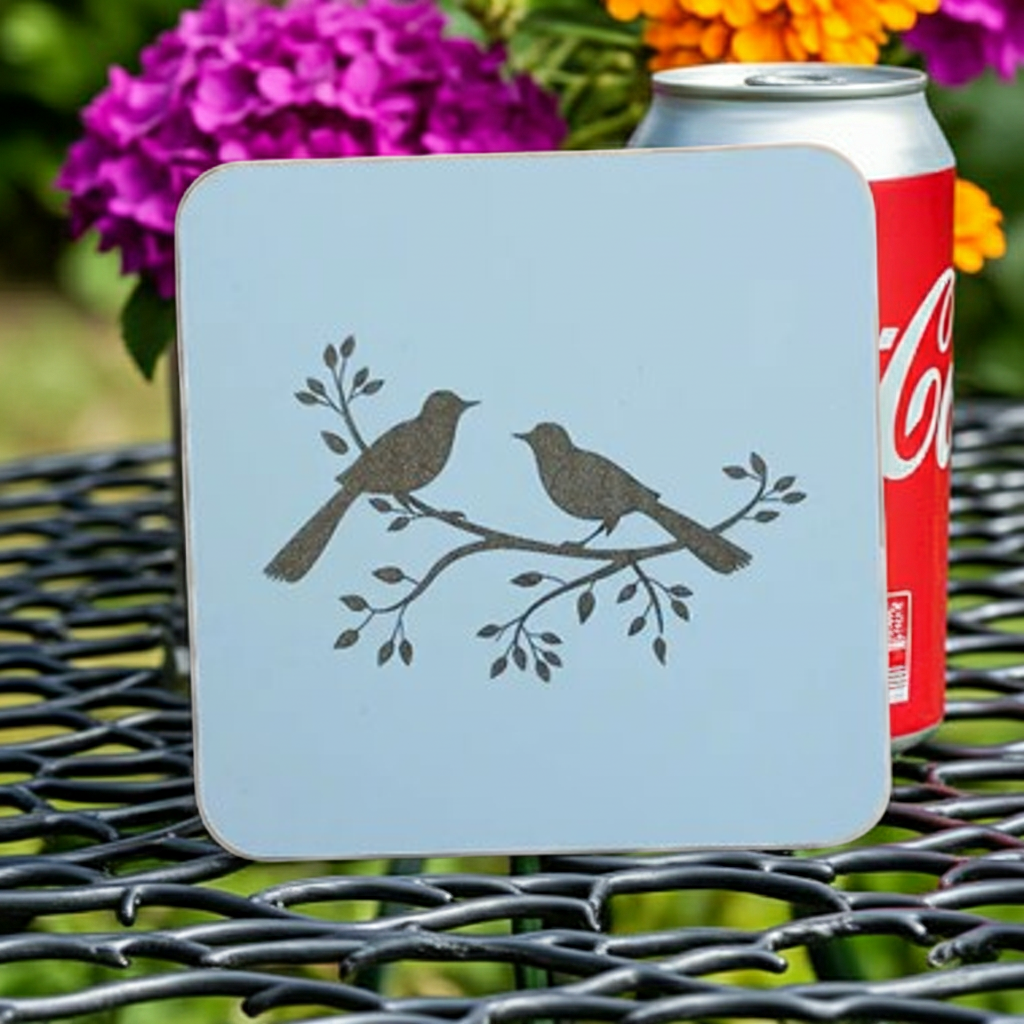 Set of 5, Exquisite White Topped Wood Drink Coasters, "Birds in Branches" Collection. 9.5cm Square with bumper feet.