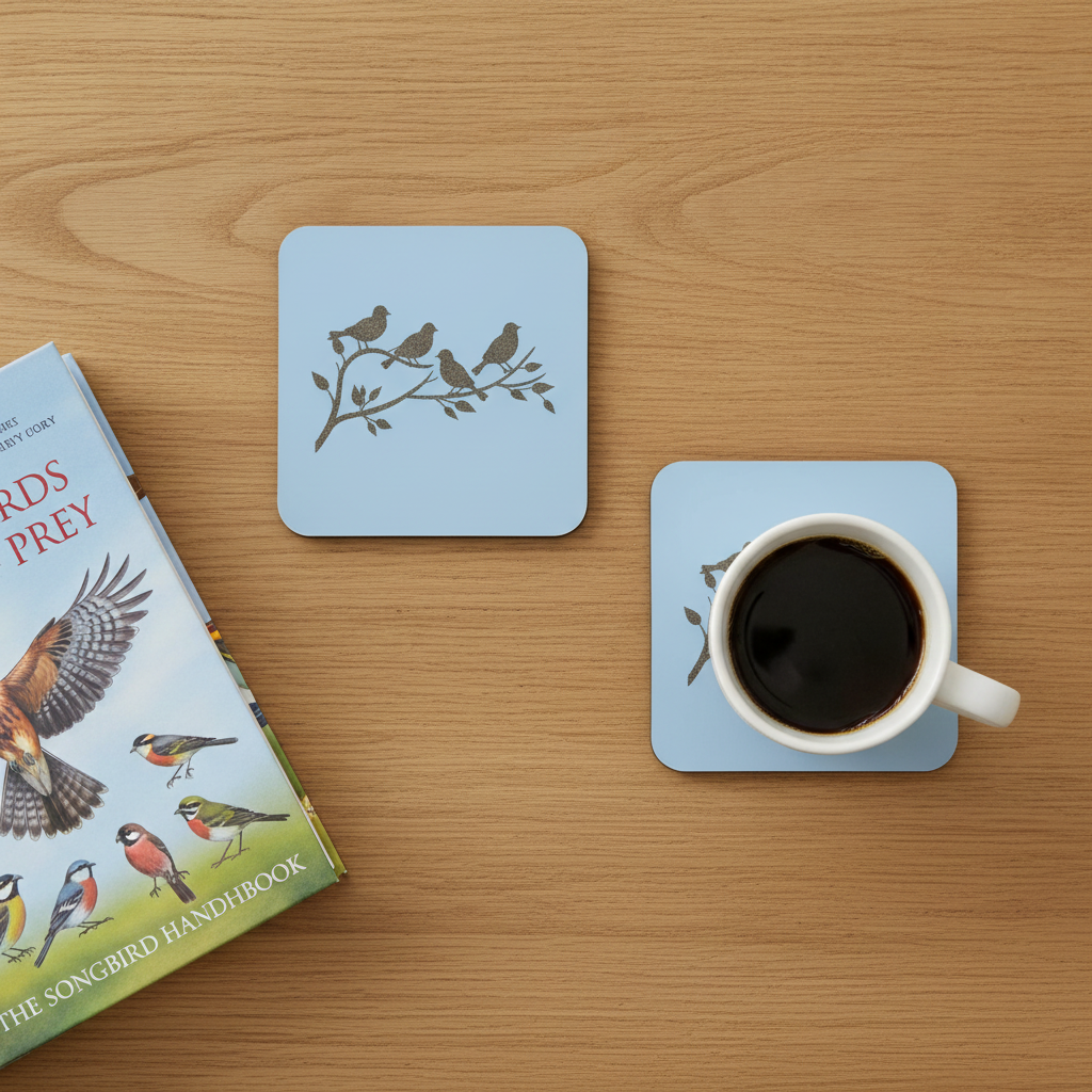 Set of 5, Exquisite White Topped Wood Drink Coasters, "Birds in Branches" Collection. 9.5cm Square with bumper feet.