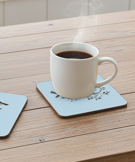 Set of 5, Exquisite White Topped Wood Drink Coasters, "Birds in Branches" Collection. 9.5cm Square with bumper feet.