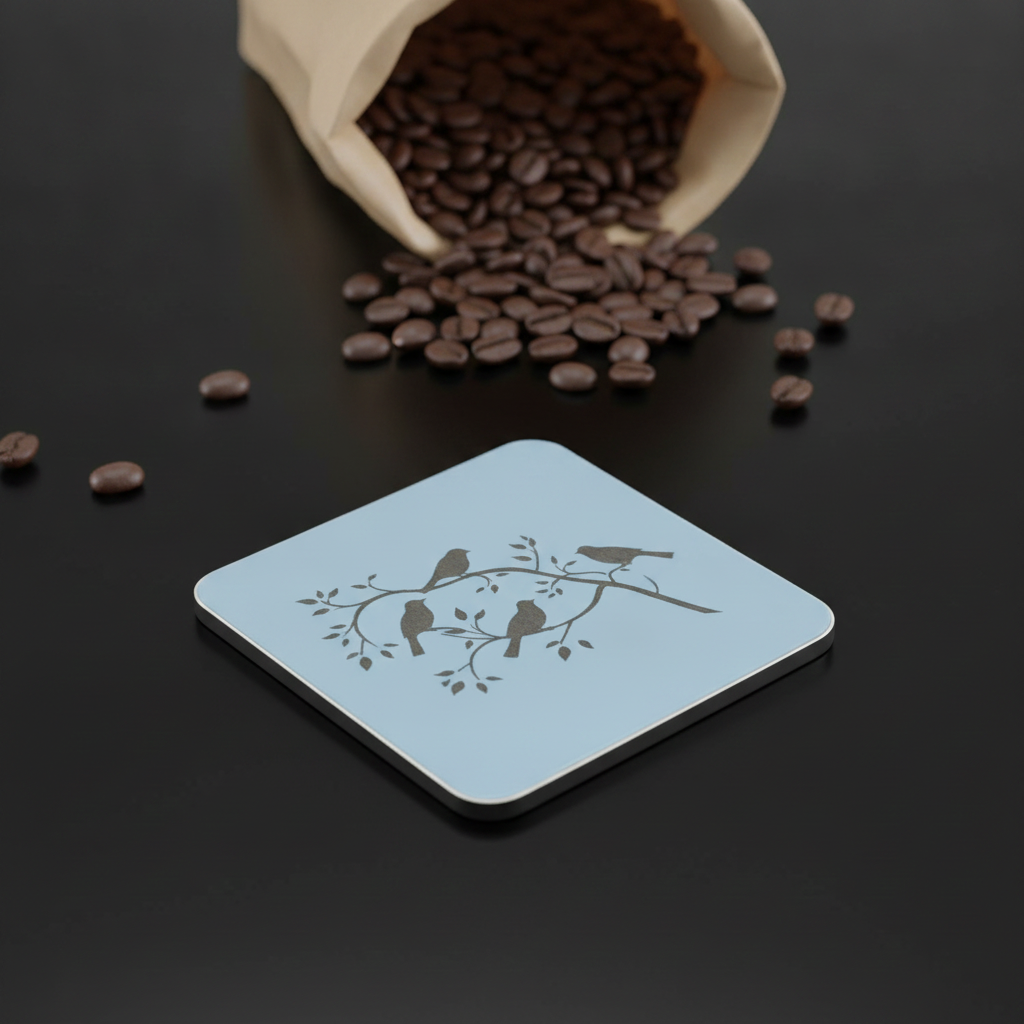 Set of 5, Exquisite White Topped Wood Drink Coasters, "Birds in Branches" Collection. 9.5cm Square with bumper feet.