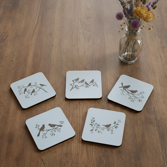 Set of 5, Exquisite White Topped Wood Drink Coasters, "Birds in Branches" Collection. 9.5cm Square with bumper feet.