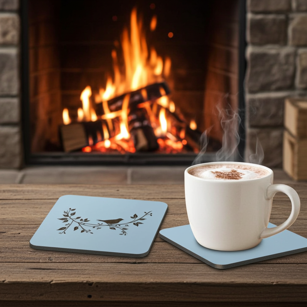 Set of 5, Exquisite White Topped Wood Drink Coasters, "Birds in Branches" Collection. 9.5cm Square with bumper feet.