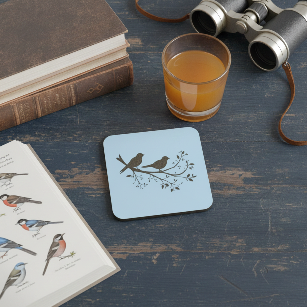 Set of 5, Exquisite White Topped Wood Drink Coasters, "Birds in Branches" Collection. 9.5cm Square with bumper feet.