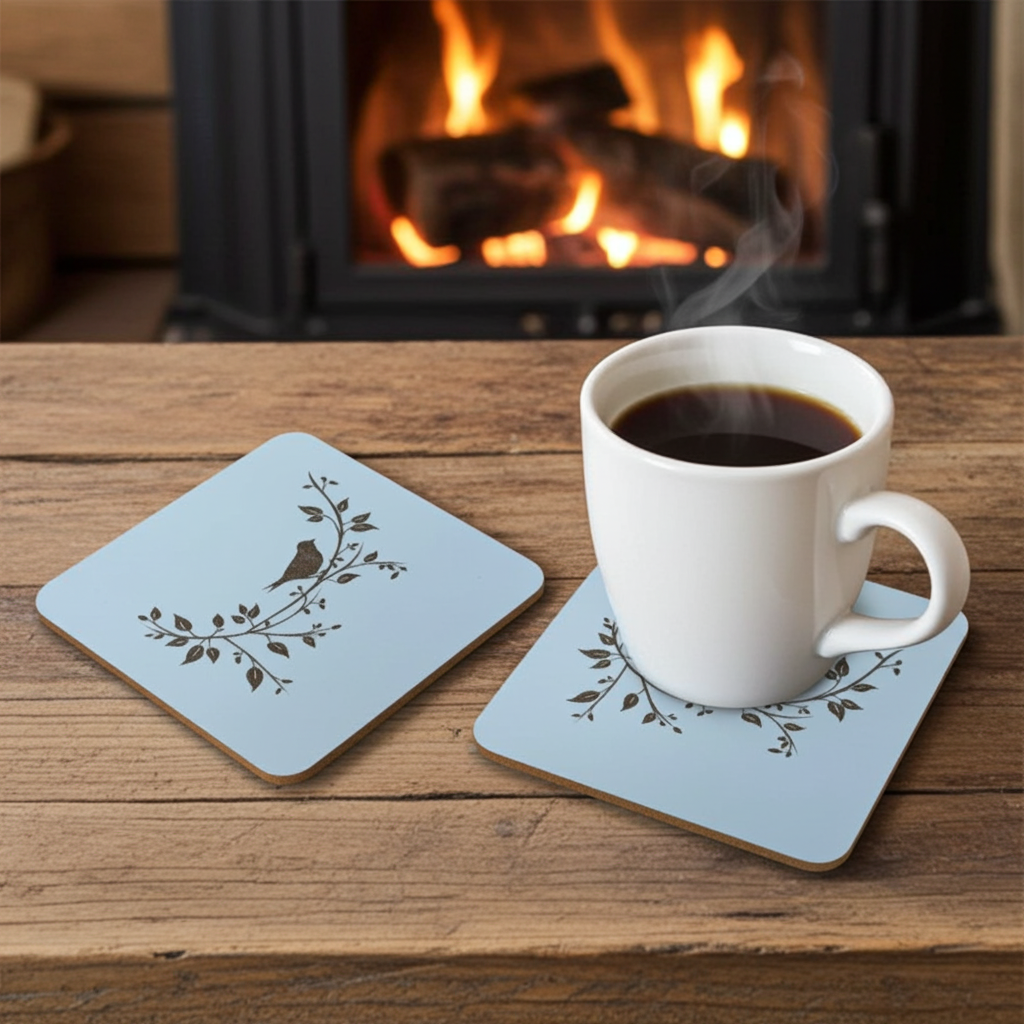 Set of 5, Exquisite White Topped Wood Drink Coasters, "Birds in Branches" Collection. 9.5cm Square with bumper feet.