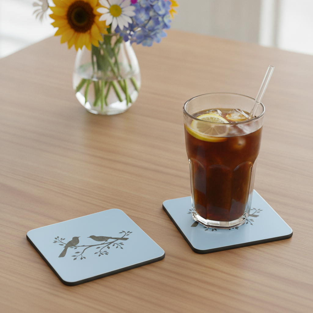 Set of 5, Exquisite White Topped Wood Drink Coasters, "Birds in Branches" Collection. 9.5cm Square with bumper feet.
