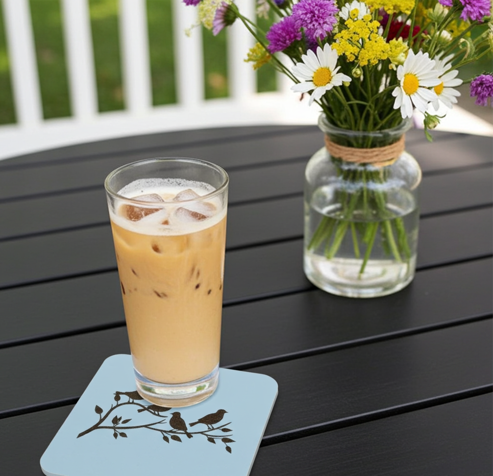 Set of 5, Exquisite White Topped Wood Drink Coasters, "Birds in Branches" Collection. 9.5cm Square with bumper feet.
