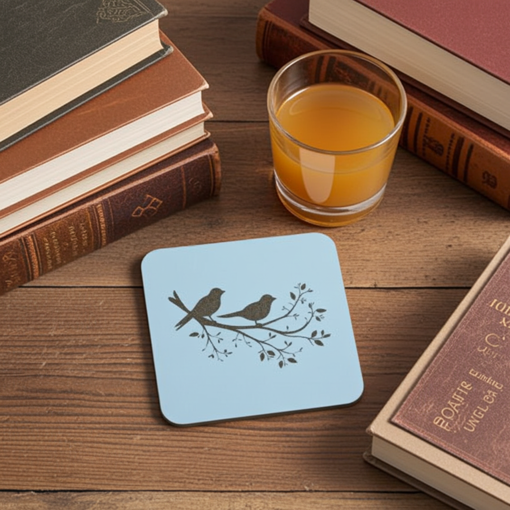 Set of 5, Exquisite White Topped Wood Drink Coasters, "Birds in Branches" Collection. 9.5cm Square with bumper feet.