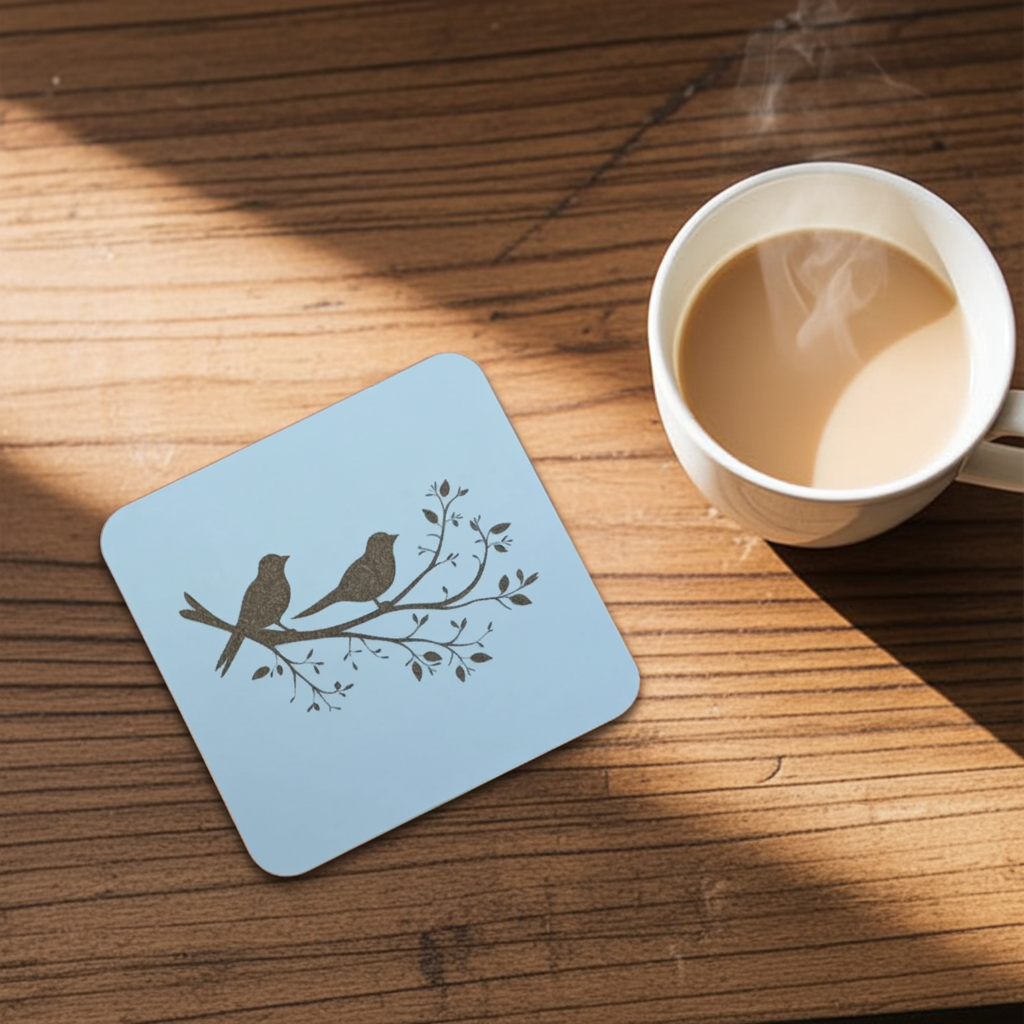 Set of 5, Exquisite White Topped Wood Drink Coasters, "Birds in Branches" Collection. 9.5cm Square with bumper feet.