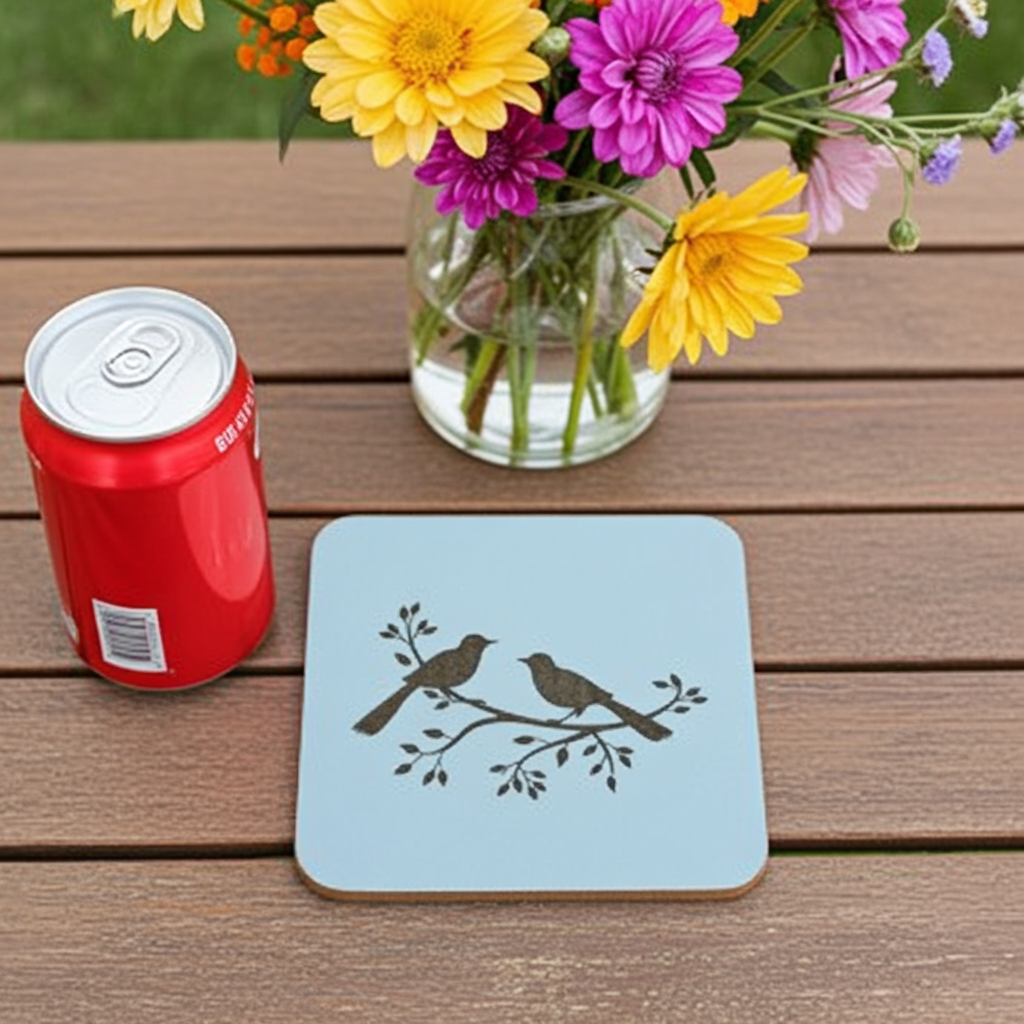Set of 5, Exquisite White Topped Wood Drink Coasters, "Birds in Branches" Collection. 9.5cm Square with bumper feet.