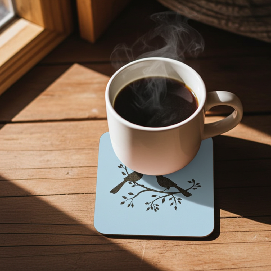 Set of 5, Exquisite White Topped Wood Drink Coasters, "Birds in Branches" Collection. 9.5cm Square with bumper feet.