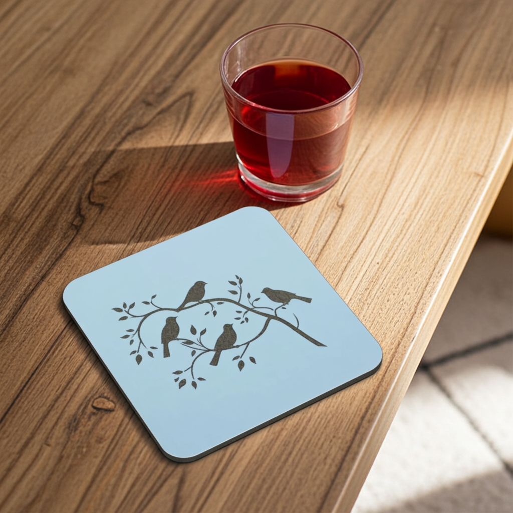 Set of 5, Exquisite White Topped Wood Drink Coasters, "Birds in Branches" Collection. 9.5cm Square with bumper feet.