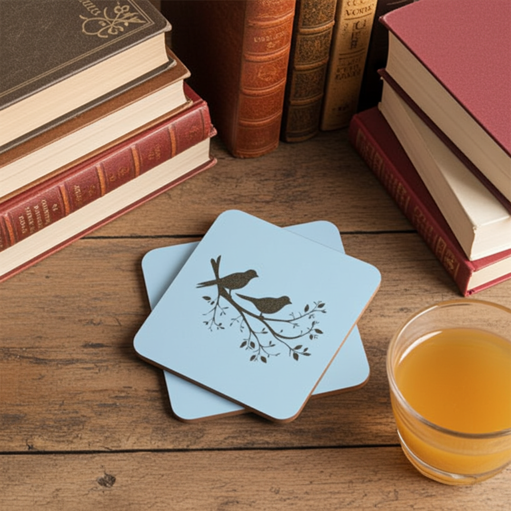 Set of 5, Exquisite White Topped Wood Drink Coasters, "Birds in Branches" Collection. 9.5cm Square with bumper feet.