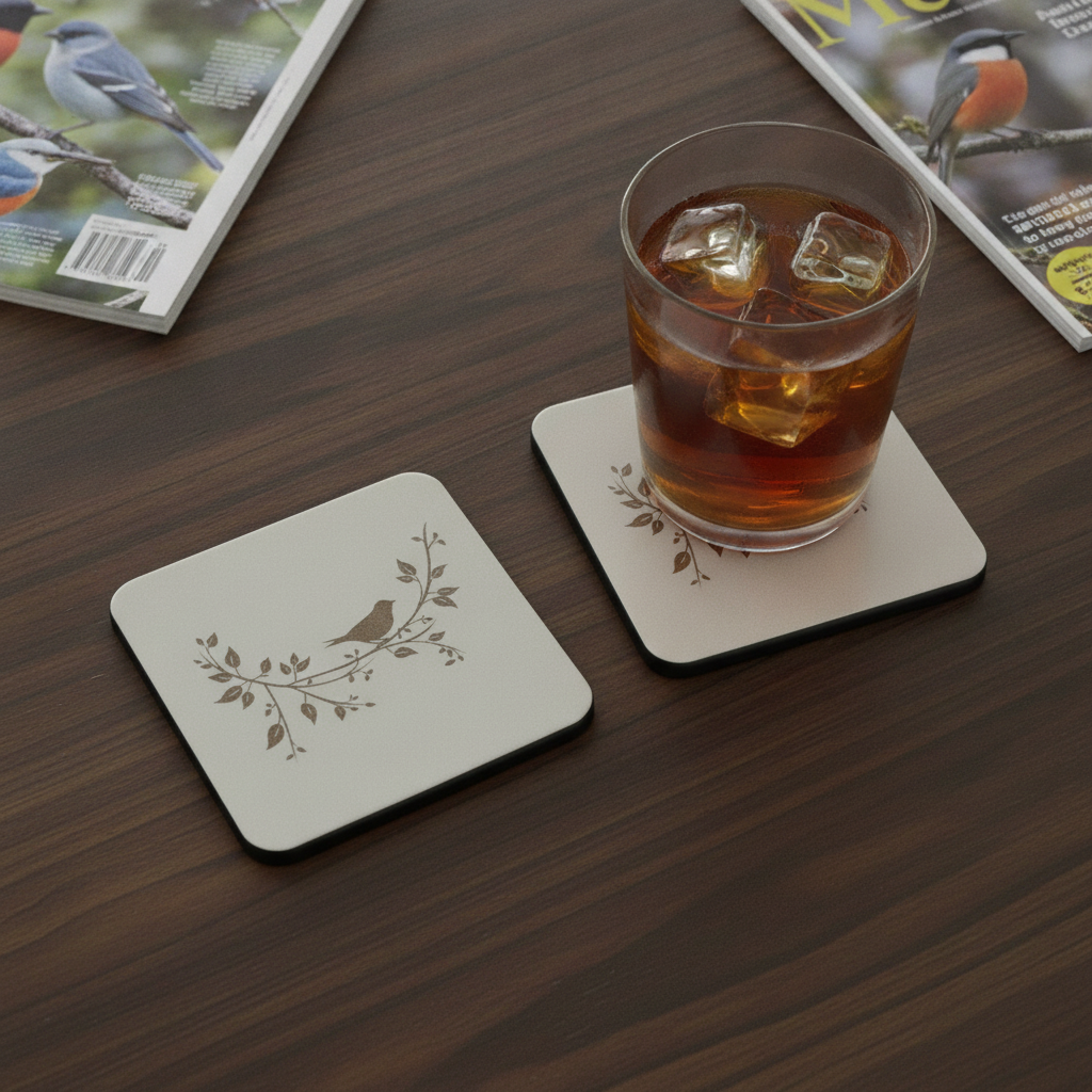 Set of 5, Exquisite White Topped Wood Drink Coasters, "Birds in Branches" Collection. 9.5cm Square with bumper feet.