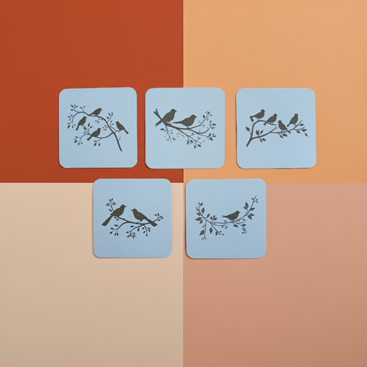 Set of 5, Exquisite White Topped Wood Drink Coasters, "Birds in Branches" Collection. 9.5cm Square with bumper feet.