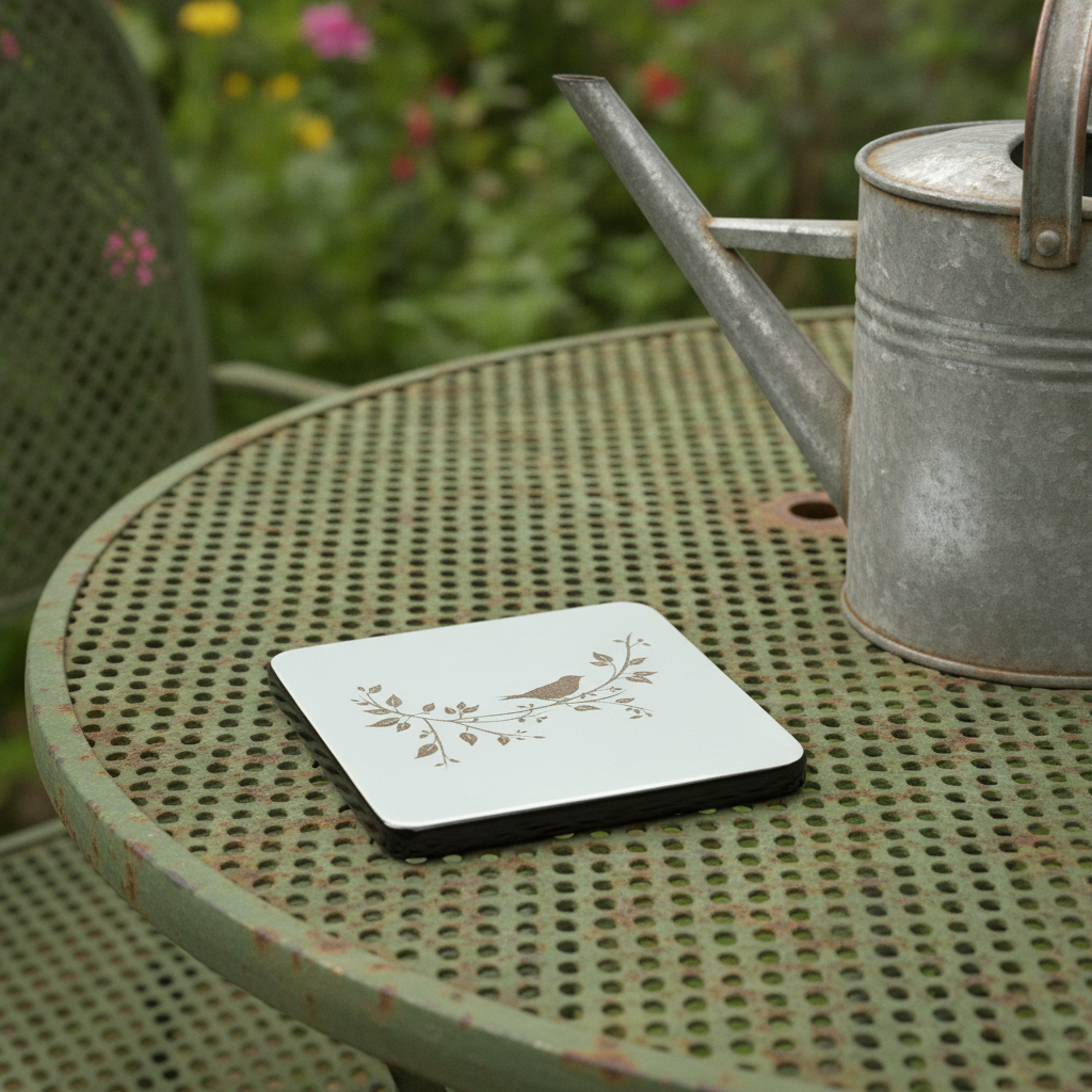 Set of 5, Exquisite White Topped Wood Drink Coasters, "Birds in Branches" Collection. 9.5cm Square with bumper feet.