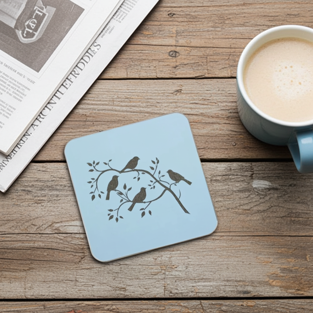 Set of 5, Exquisite White Topped Wood Drink Coasters, "Birds in Branches" Collection. 9.5cm Square with bumper feet.